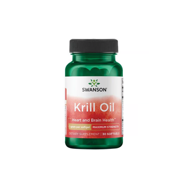 A green bottle of Swanson Krill Oil 1000 mg, featuring 30 softgels with omega-3s from Antarctic krill oil to support heart and brain health.